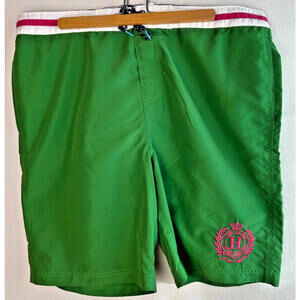 Tommy Hilfiger Men’s Lined Swim Trunks - Green w/ White, Red & Pink Logo Size XL